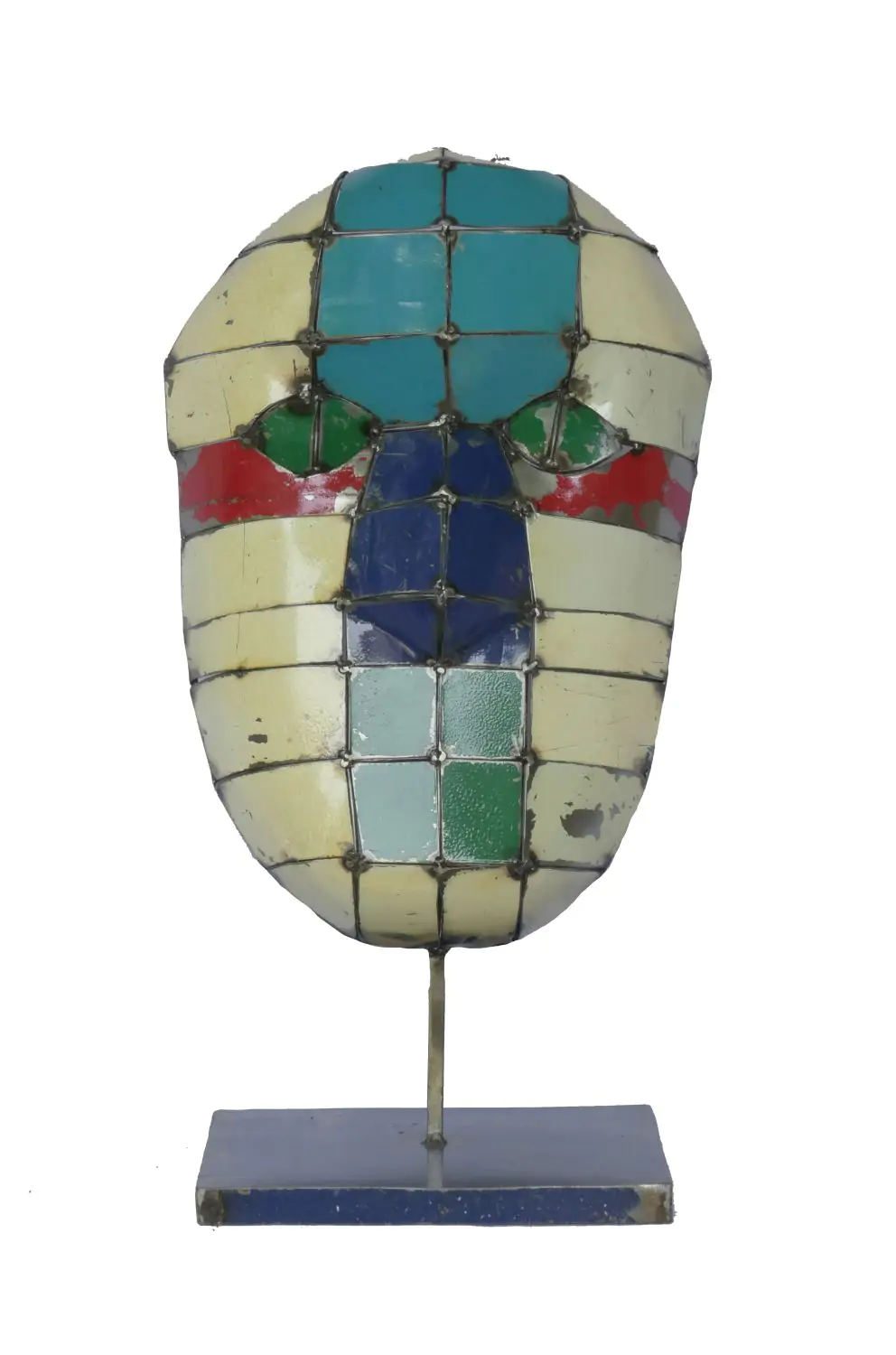  Product image 1 of the product “Small Mask on stand - Modell 4, 53cm height, sculpture from upcyceled oil barrel. ”